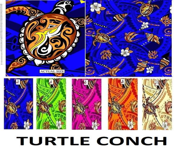 Fabric - Dobby Cotton -TURTLE CONCH FRANGIPANI TAPA with Gold Glitters